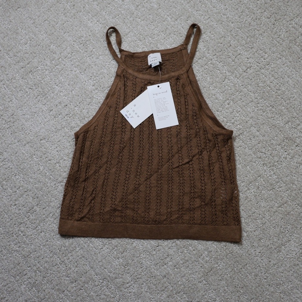 A New Day Brown Crochet High Neck Tank Top XS Pointelle Knit Camisole